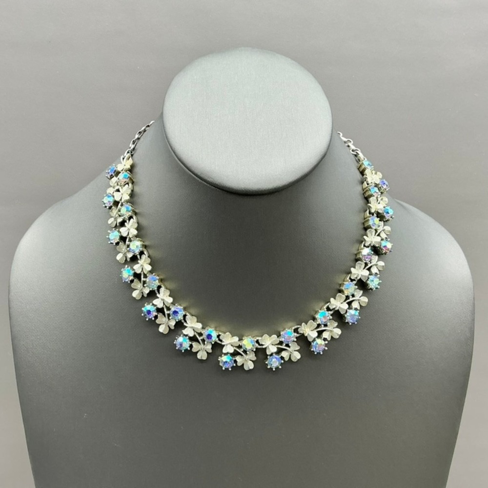 Coro Necklace Vintage Aurora Borealis Rhinestone Silver Tone Leaf Floral Signed